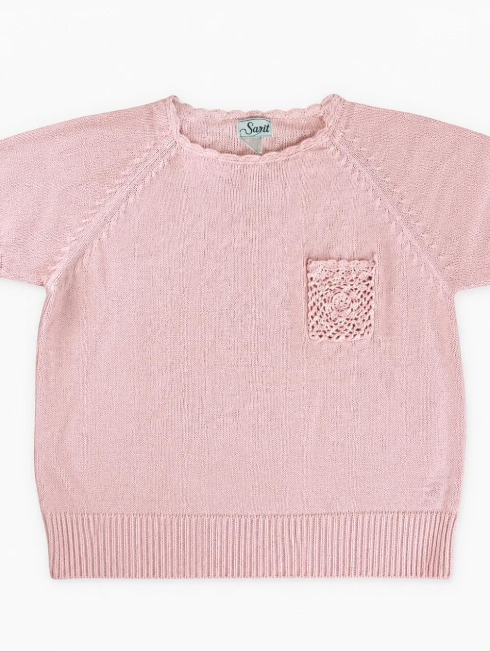 Vintage Pink Crochet Pocket Short Sleeve Sweater‎ Barbiecore